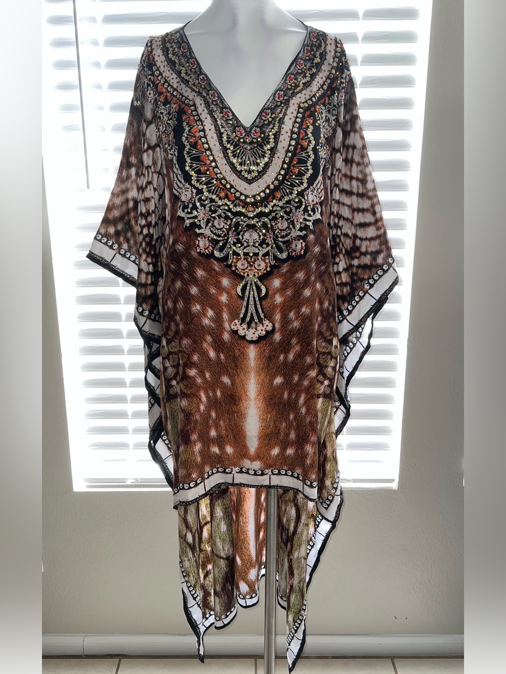 Sakkas Brown Beaded V-Neck Hi Low Mini Dress